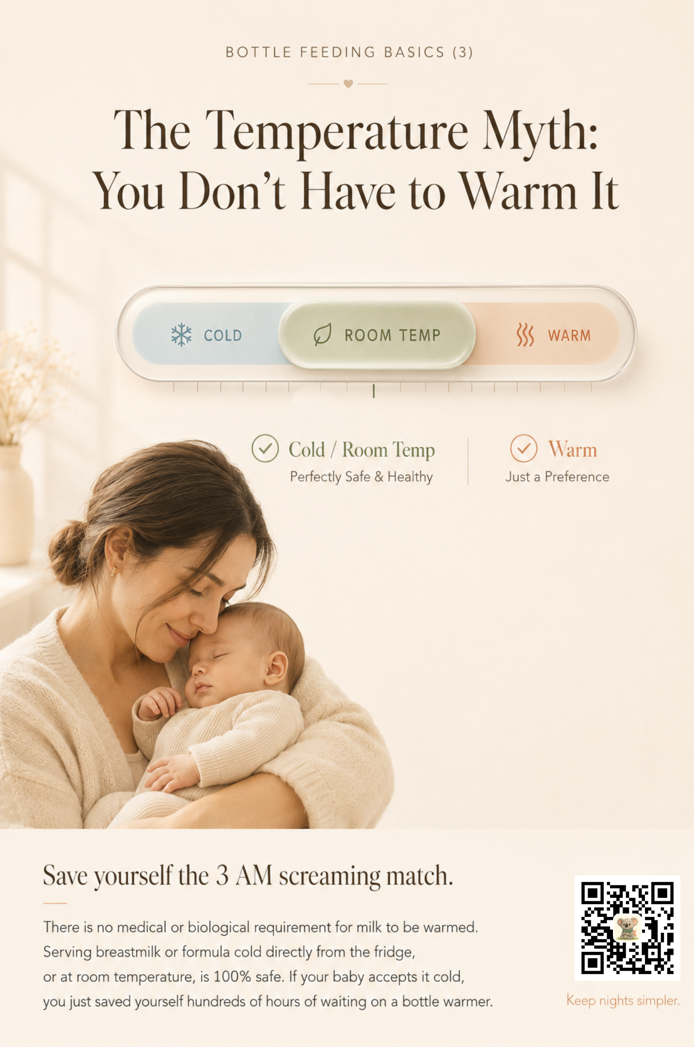 A horizontal temperature toggle with three labeled options — Cold (snowflake), Room Temp (leaf, highlighted), and Warm (steam) — beneath a mother holding a peacefully sleeping baby.