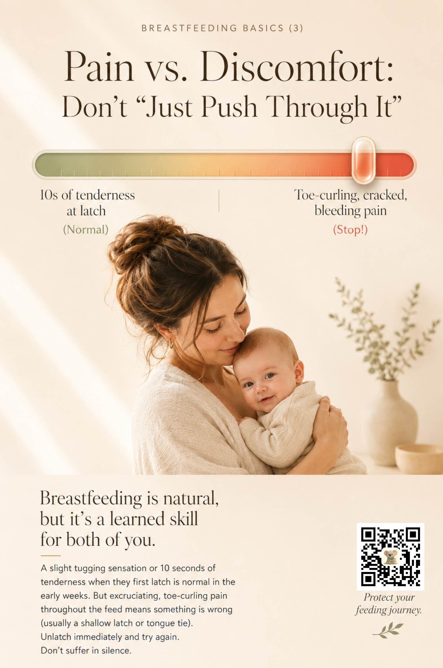 A horizontal pain slider with green tenderness at the low end and red toe-curling pain at the high end, beside a mother holding her baby close.