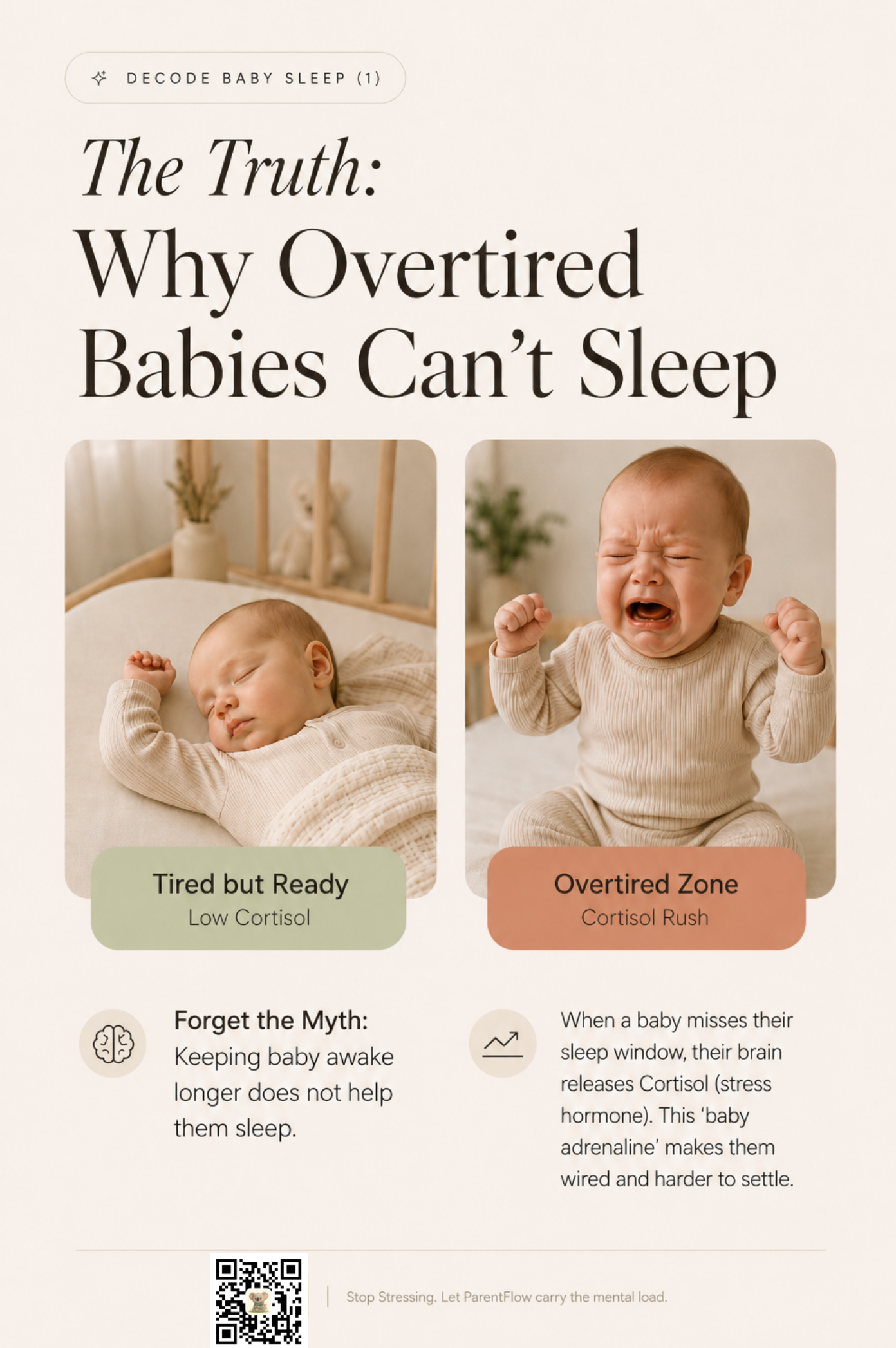 Two side-by-side photos: a calm baby labeled 