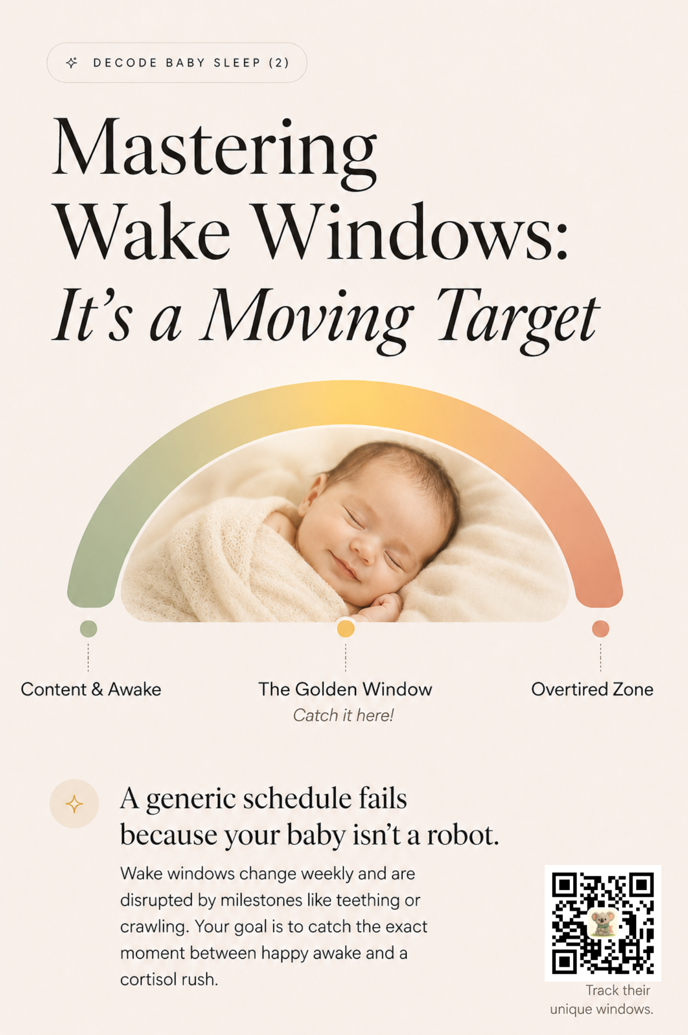 A rainbow arch over a peacefully sleeping baby, with three labeled points: Content & Awake (left), The Golden Window (center), and Overtired Zone (right).