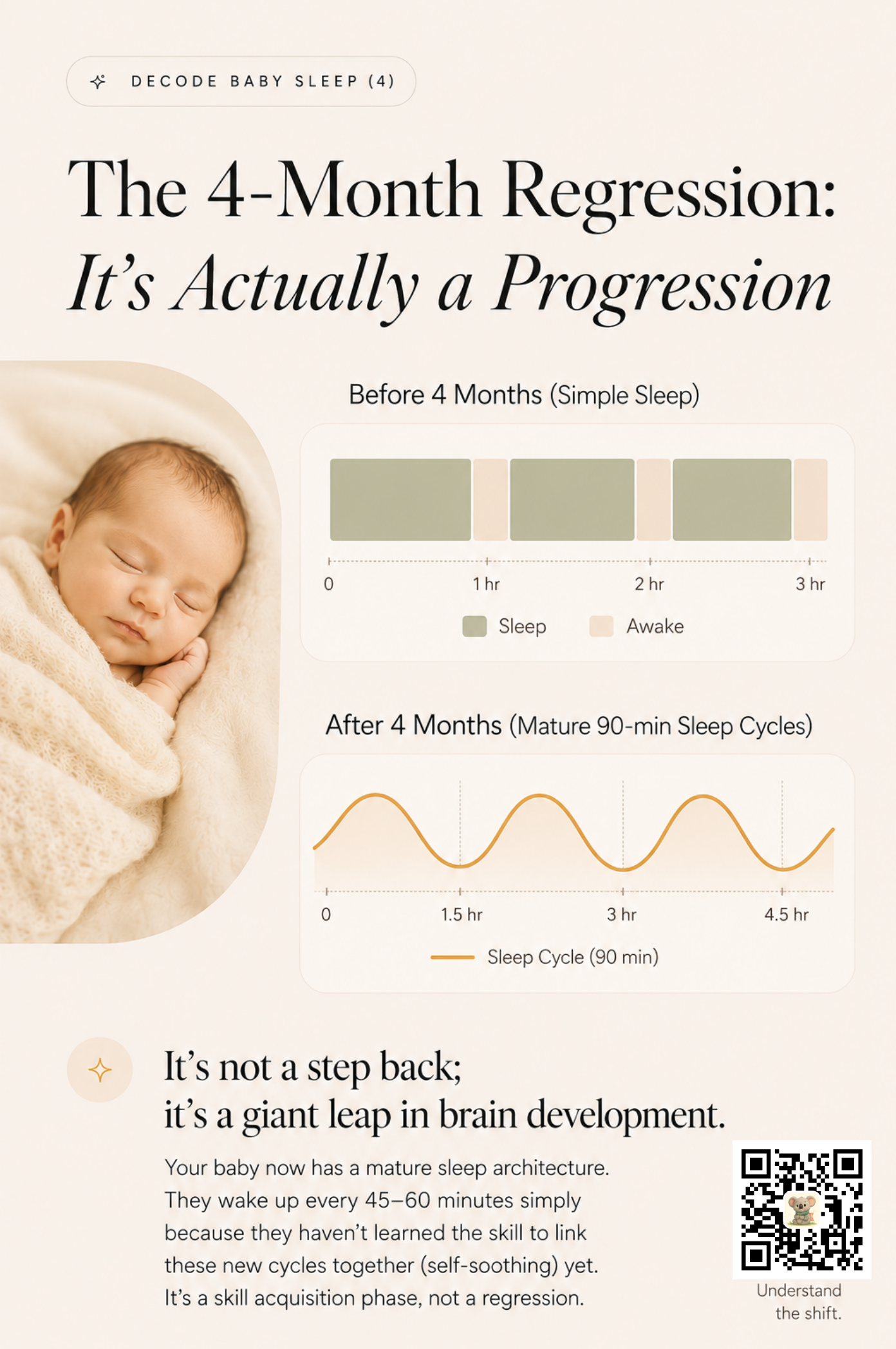 Two stacked sleep diagrams showing newborn long sleep chunks before 4 months, replaced by mature 90-minute sleep cycle waves after 4 months.