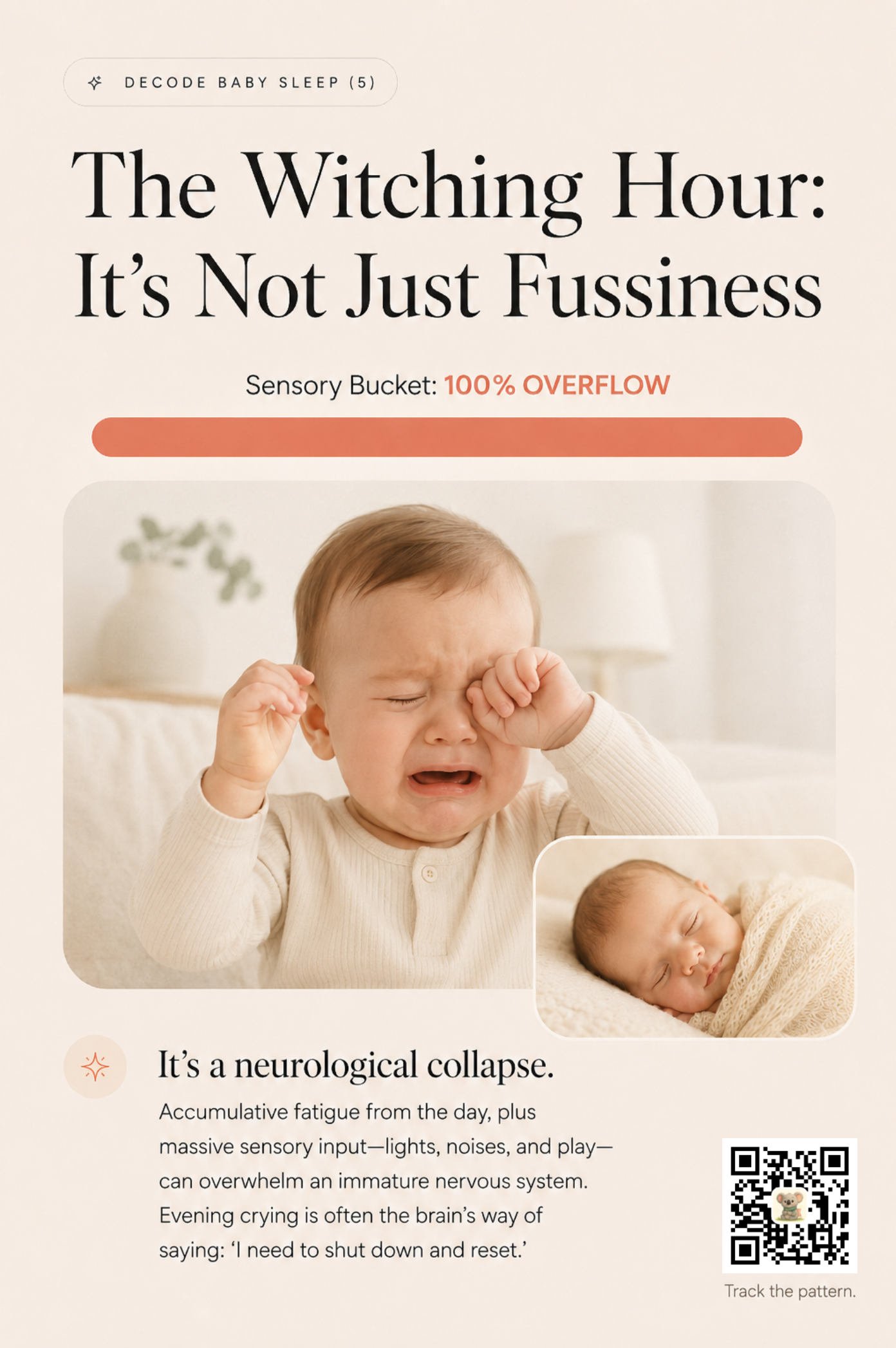 A baby crying with hands at the eyes, paired with an overflowing 100% sensory bucket gauge.