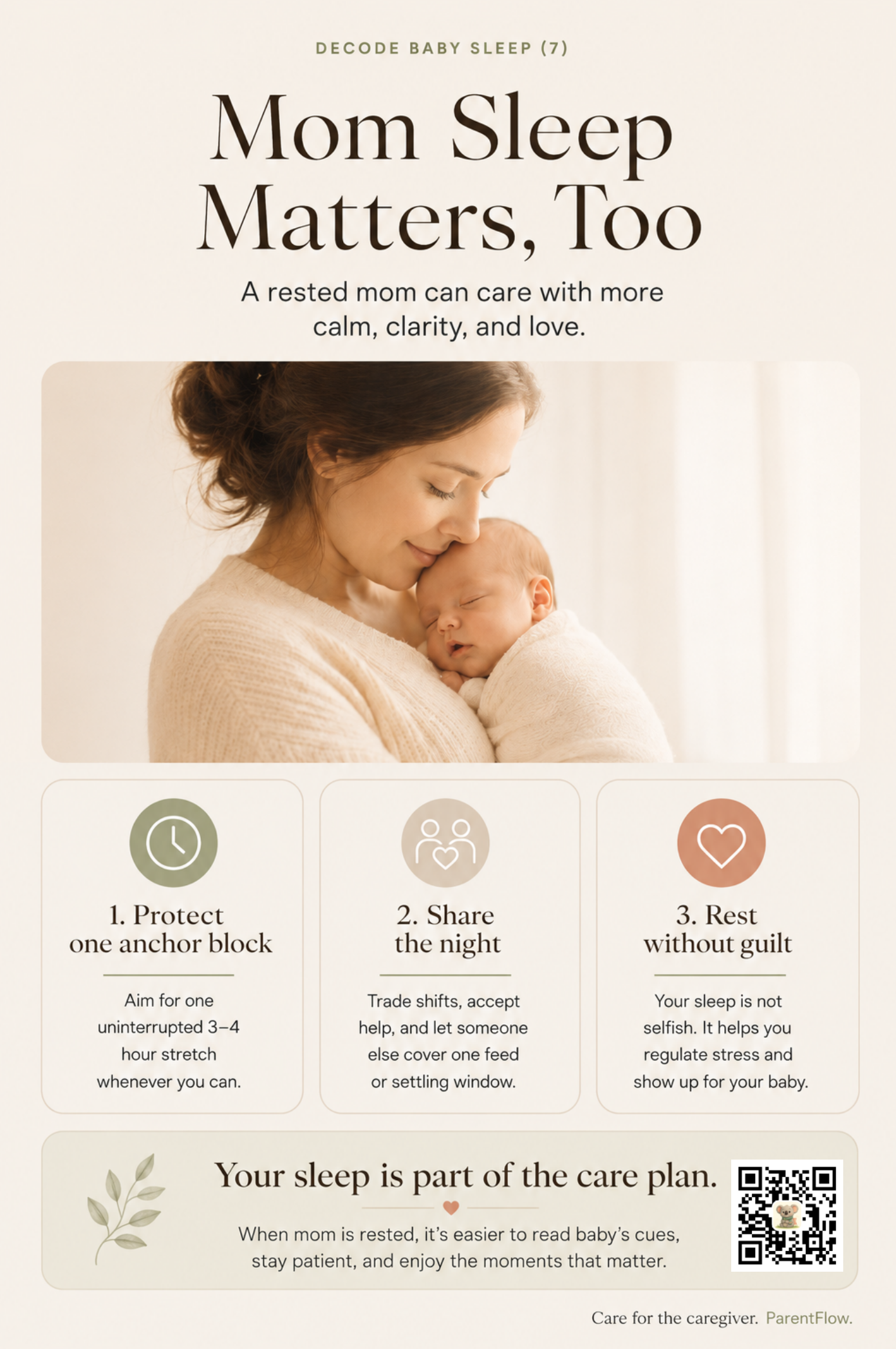 A mother gently holding her swaddled newborn near a window, with three icons below labeled 